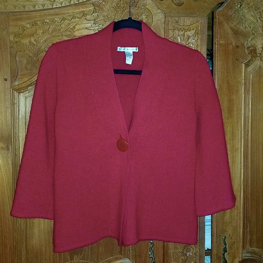 Sarah Spencer Med red cardigan